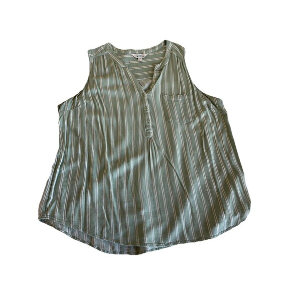 Market & Spruce Prat Sleeveless Henley Blouse 2x Green Striped Layering - Picture 3 of 7